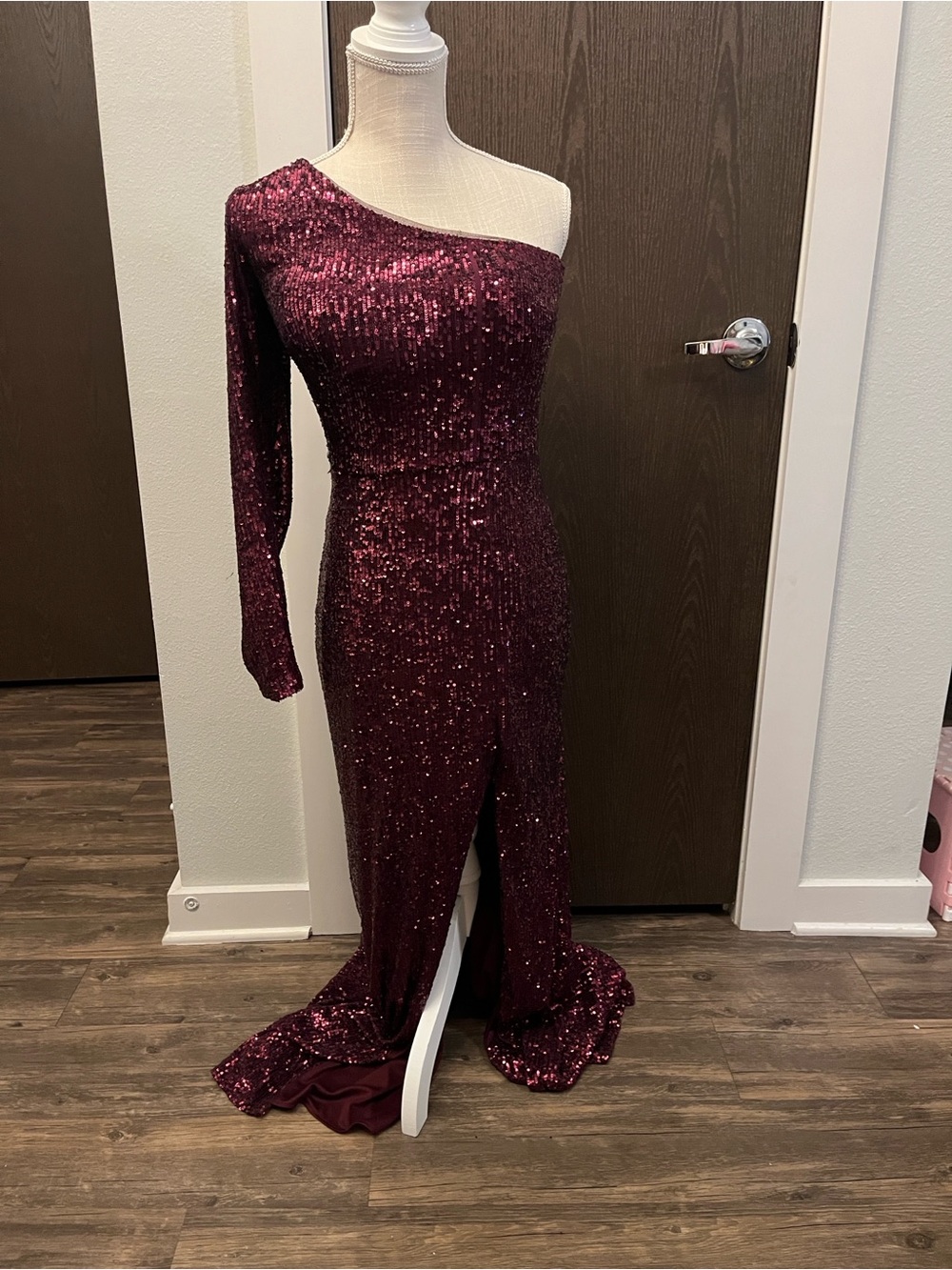 Xscape One-Shoulder Sequin Gown in Burgundy